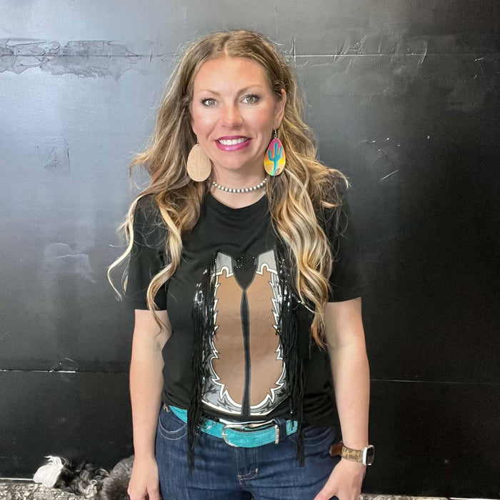 Black Chaps with Fringe T-shirt Top / Small - Country Lace Boutique