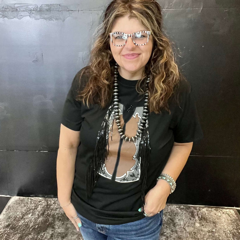 Black Chaps with Fringe T-shirt Top / Small - Country Lace Boutique