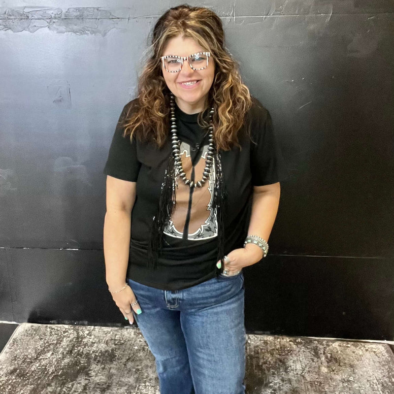 Black Chaps with Fringe T-shirt Top / Small - Country Lace Boutique