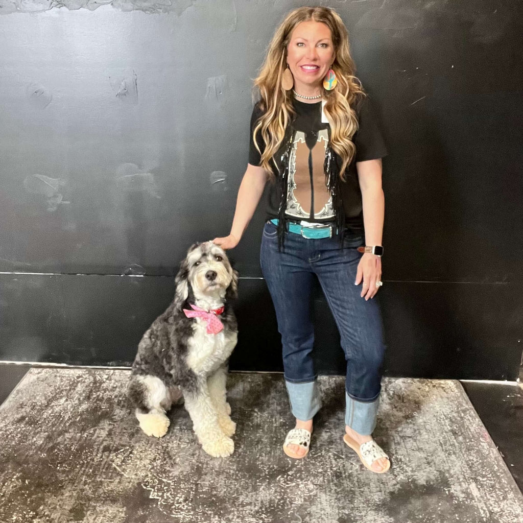 Black Chaps with Fringe T-shirt Top / Small - Country Lace Boutique