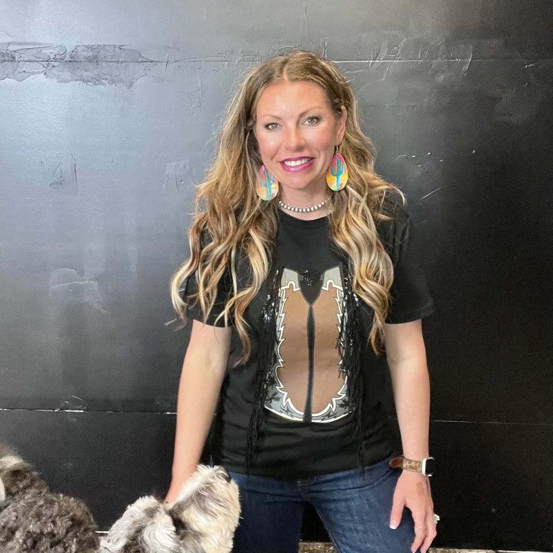 Black Chaps with Fringe T-shirt Top / Small - Country Lace Boutique