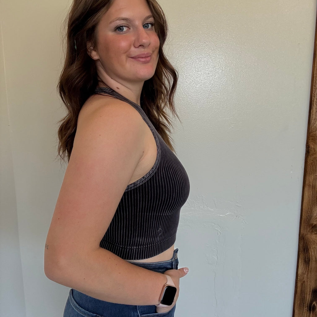 Black Charcoal Ribbed Bra/ Crop Tank Top - Country Lace Boutique