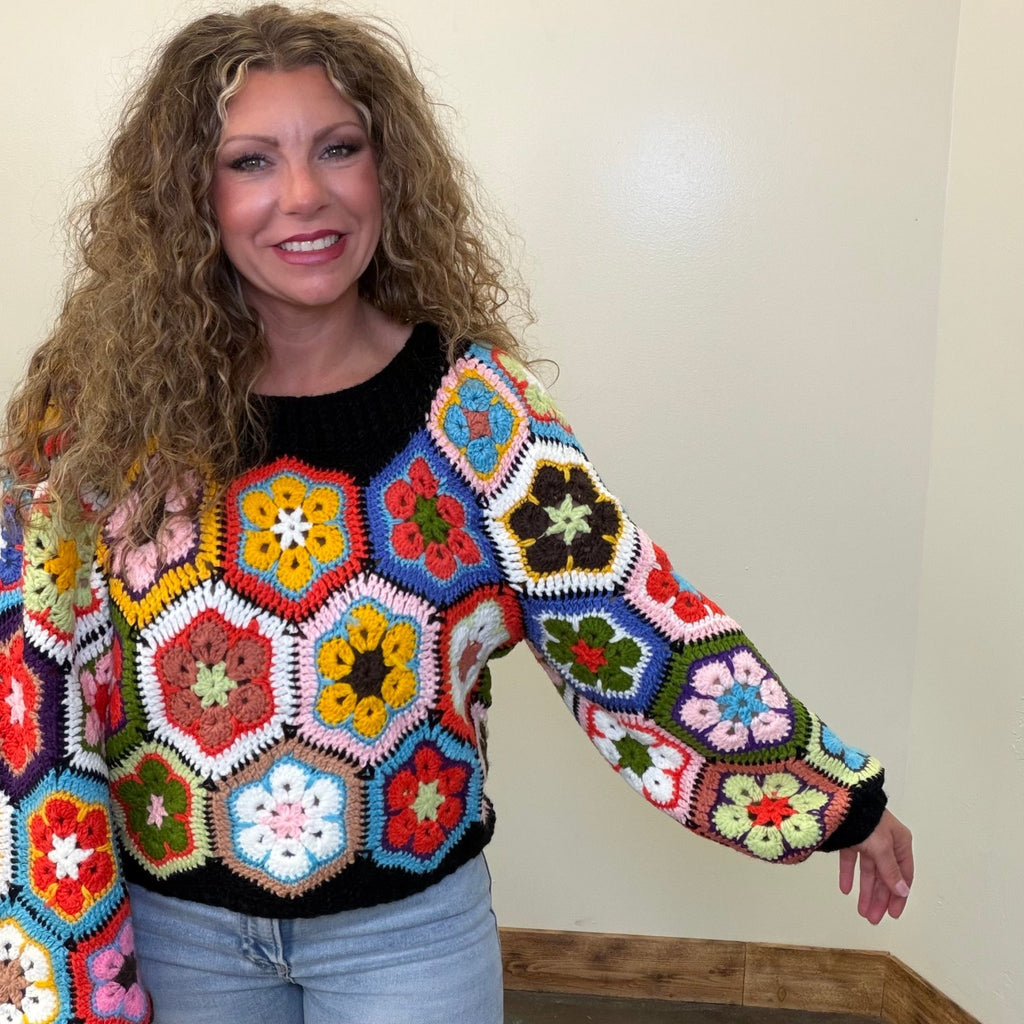 Black Crochet Flower Crop Sweater - Country Lace Boutique