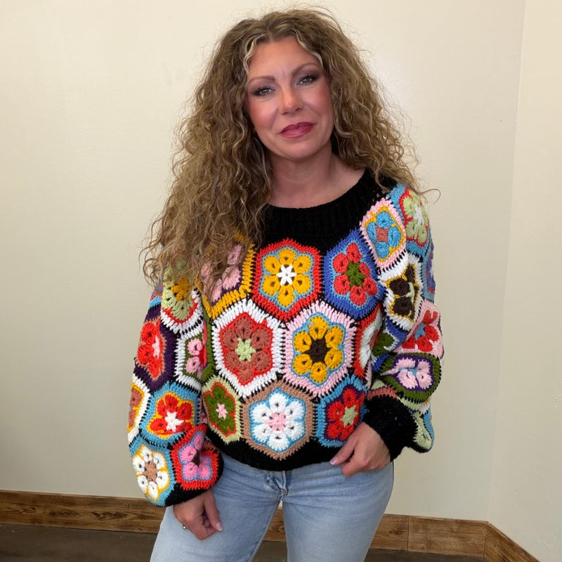 Black Crochet Flower Crop Sweater - Country Lace Boutique