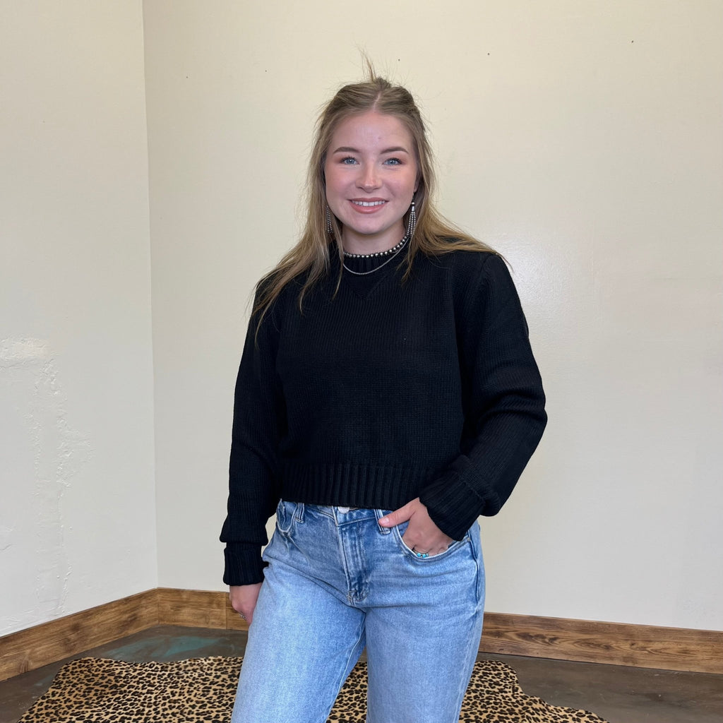 Black Crop Crew Neck Long Sleeve Sweater - Country Lace Boutique