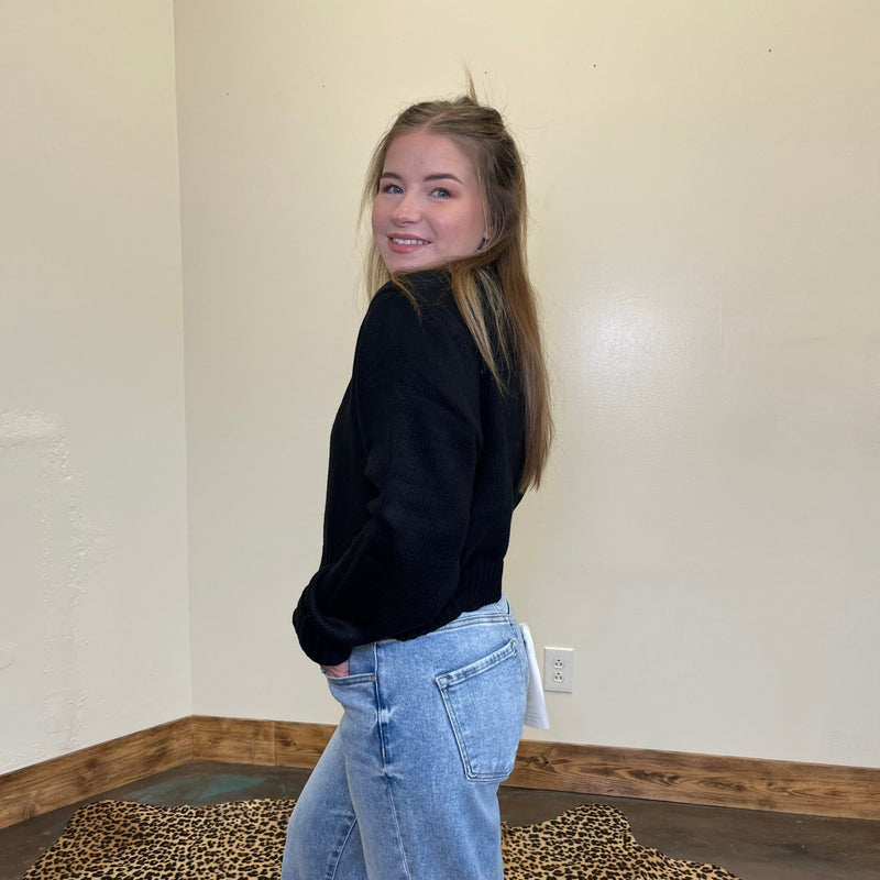 Black Crop Crew Neck Long Sleeve Sweater - Country Lace Boutique