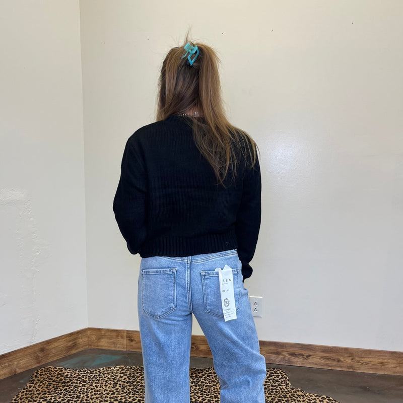 Black Crop Crew Neck Long Sleeve Sweater - Country Lace Boutique