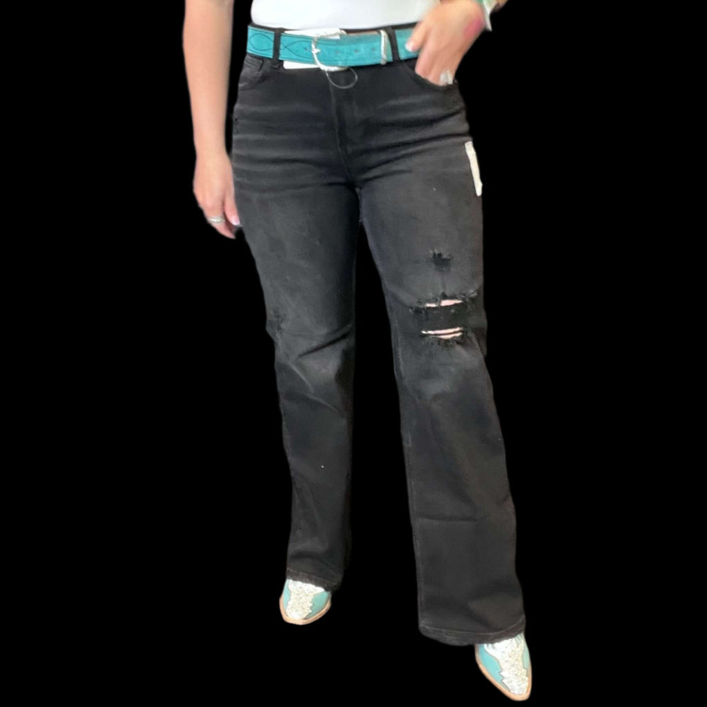Black Distressed Risen Trouser Jeans - Country Lace Boutique