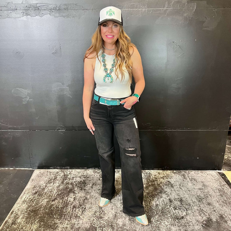 Black Distressed Risen Trouser Jeans - Country Lace Boutique