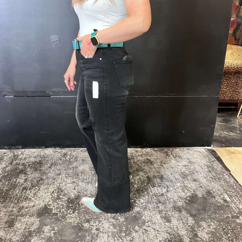 Black Distressed Risen Trouser Jeans - Country Lace Boutique