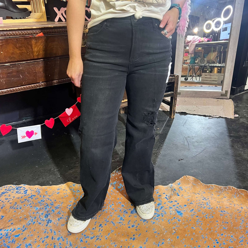 Black Distressed Risen Trouser Jeans - Country Lace Boutique