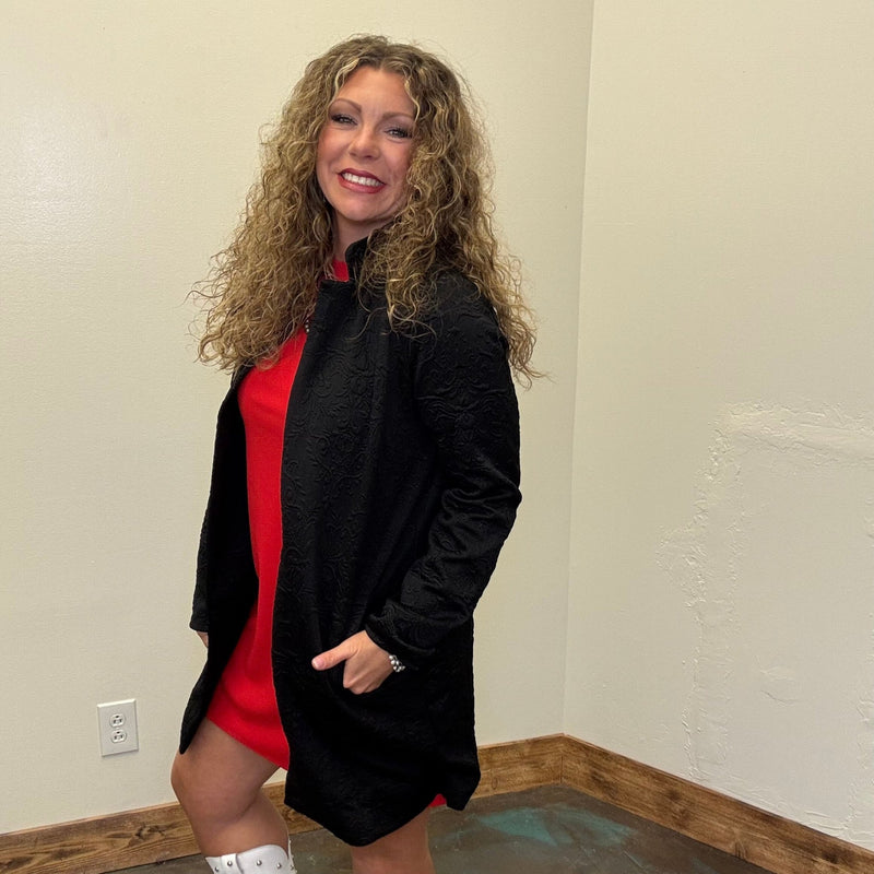 Black Embossed Long Sleeve Swing Cardigan/Jacket - Country Lace Boutique