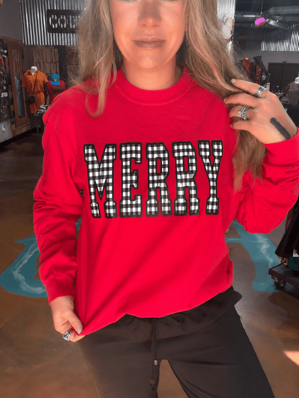 Black Gingham MERRY Long Sleeve Red Comfort Color Tee - Country Lace Boutique