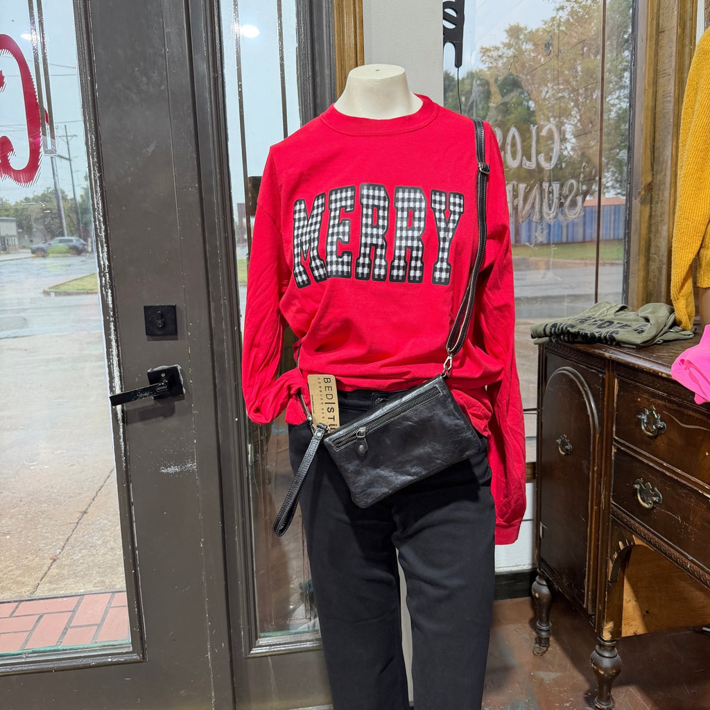 Black Gingham MERRY Long Sleeve Red Comfort Color Tee - Country Lace Boutique
