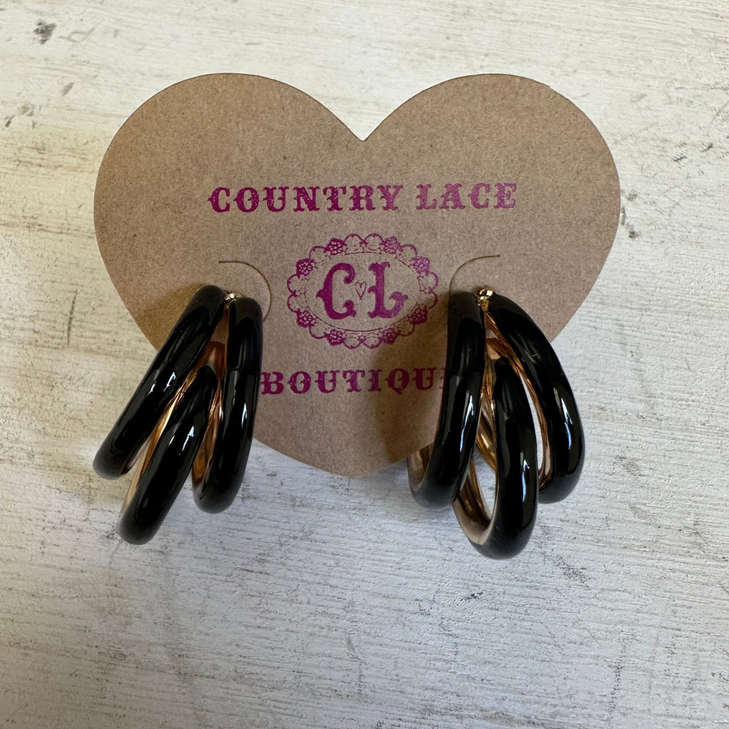 Black & Gold 3 Hoop Post Fashion Earrings - Country Lace Boutique