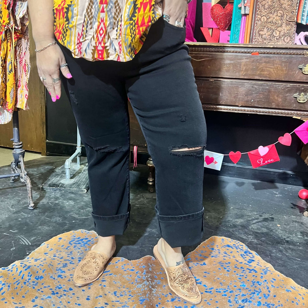 Black High Risen Slim Straight Knee Distressing Plus Size Risen Jeans - Country Lace Boutique
