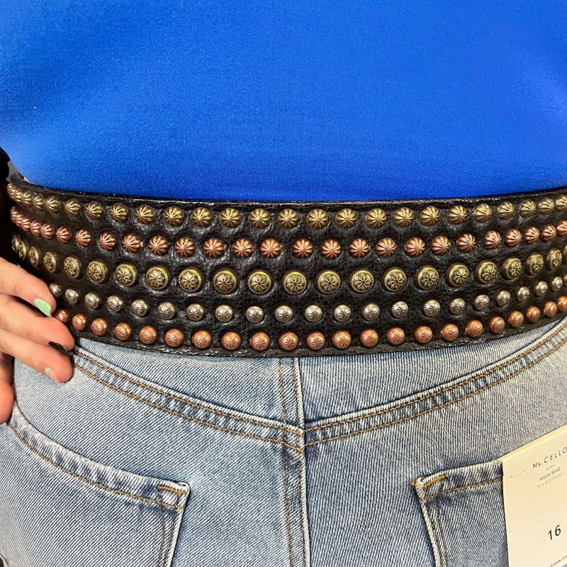 Black Leather with Gold Silver & Brass Studs Belt - Country Lace Boutique
