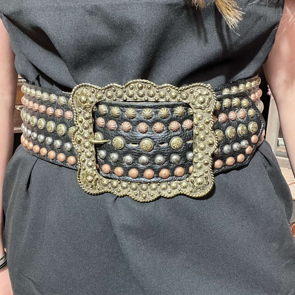 Black Leather with Gold Silver & Brass Studs Belt - Country Lace Boutique