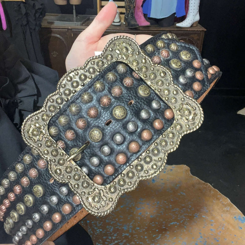 Black Leather with Gold Silver & Brass Studs Belt - Country Lace Boutique