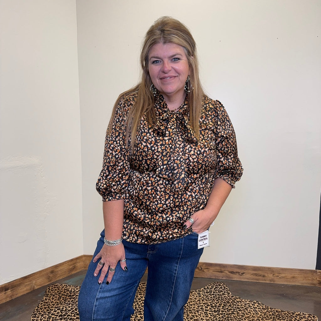 Black leopard Long Sleeve Blouse with Top Front Tie Top - Country Lace Boutique