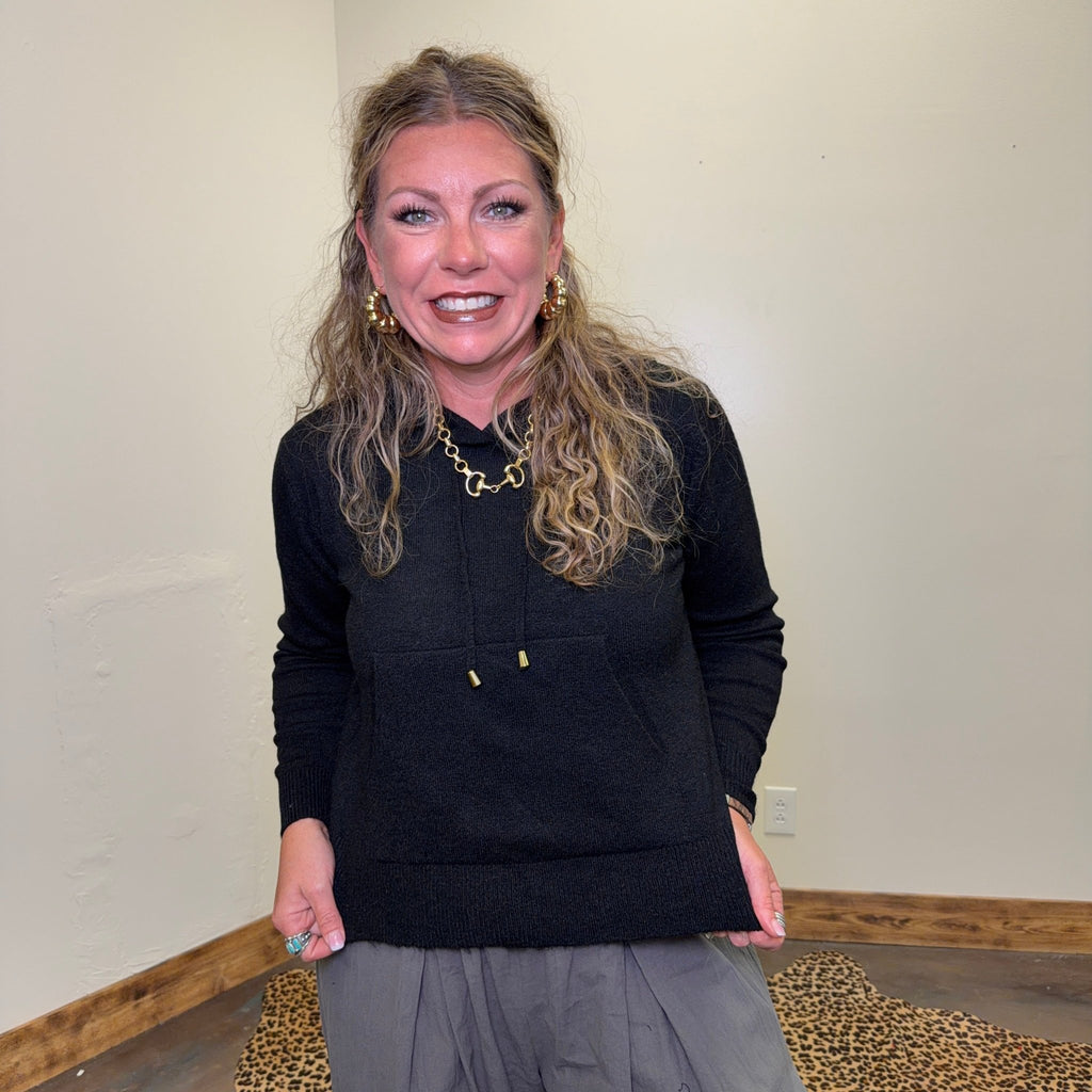 Black Long Sleeve Hooded Pullover Sweater - Country Lace Boutique