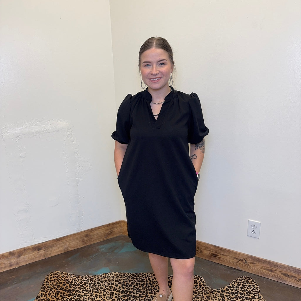 Black Mandarin Collar V Neck Puff Sleeve Short Knee Length Dress w/ Pockets - Country Lace Boutique