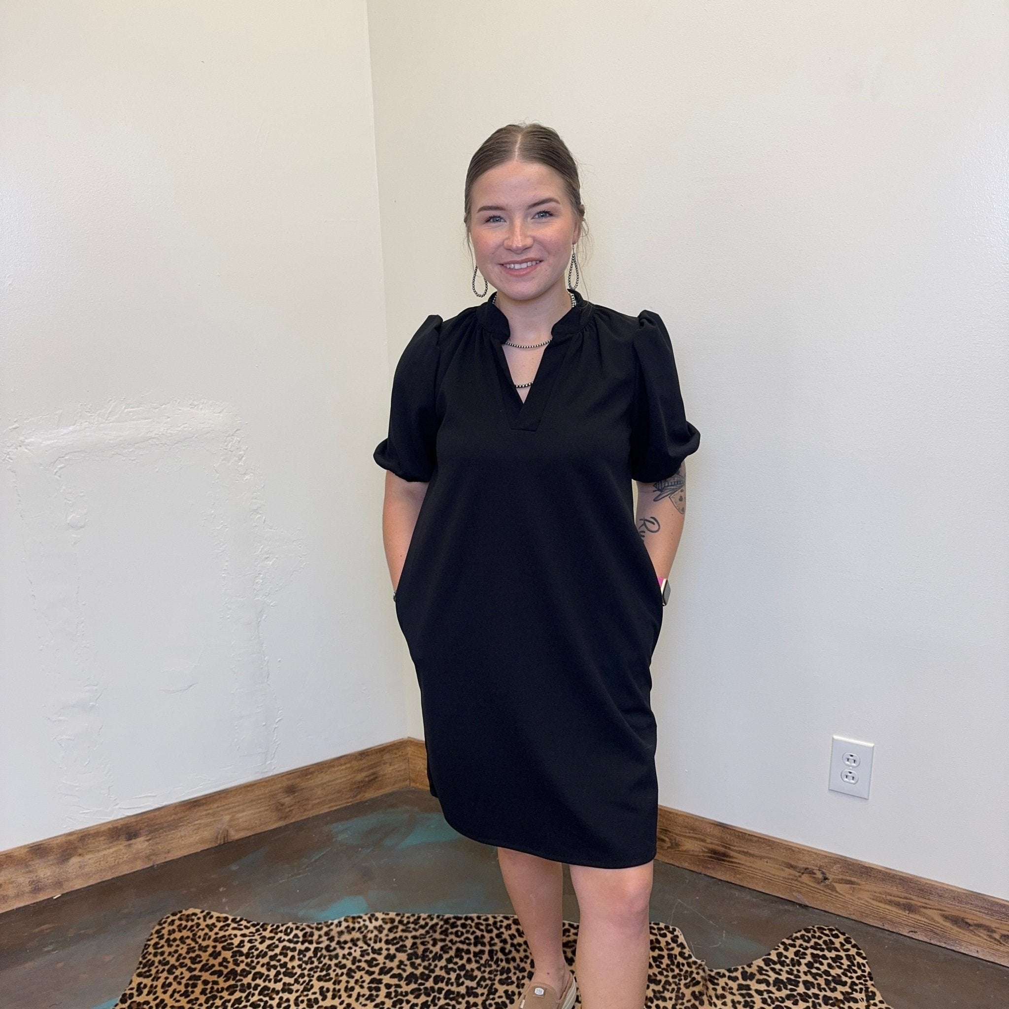 knee length dresses with pockets Relaxed Fit Modest 3/4 Sleeve Knee-Length Dress with Pockets