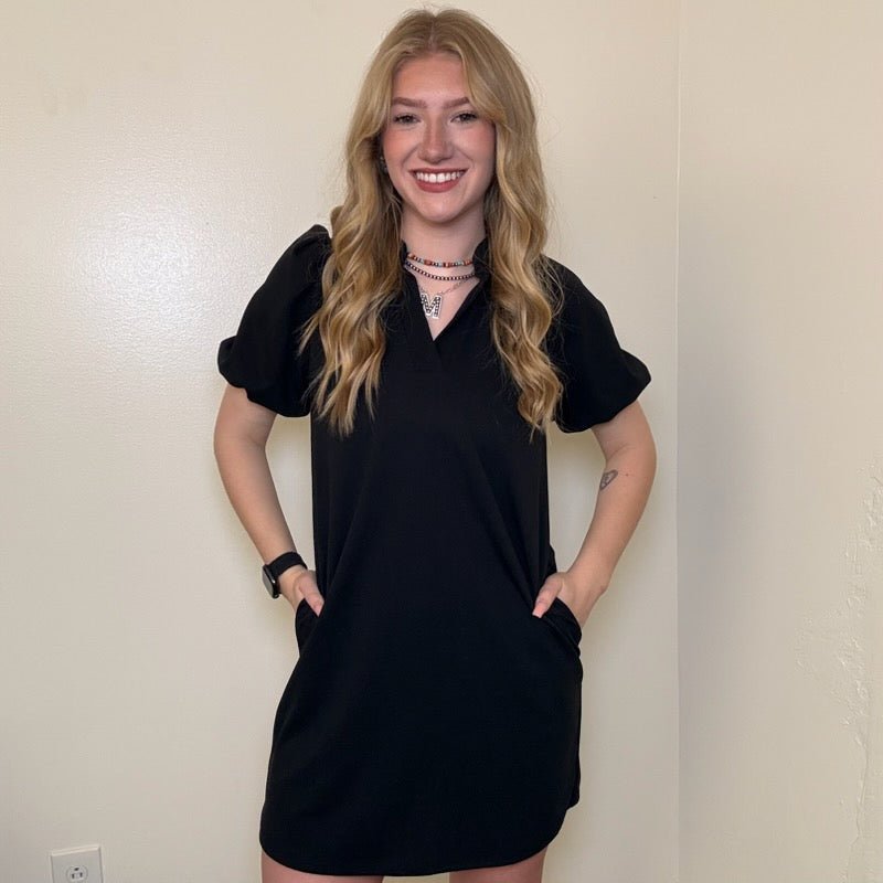 Black Mandarin Collar V Neck Puff Sleeve Short Knee Length Dress w/ Pockets - Country Lace Boutique