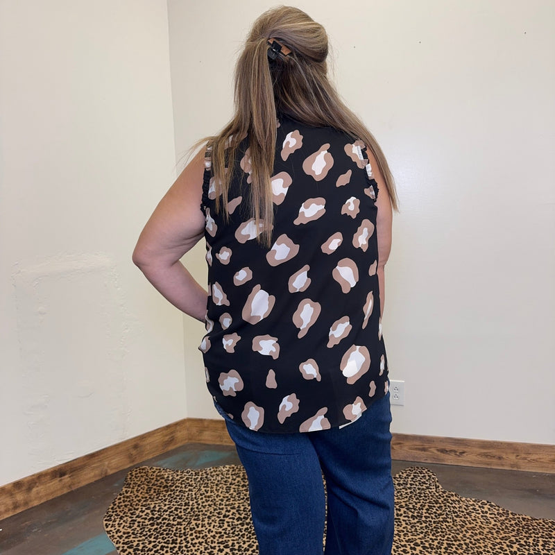 Black & Mocha Leopard V Neck Sleeve Less Ruffle Top - Country Lace Boutique