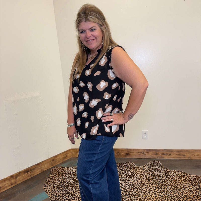Black & Mocha Leopard V Neck Sleeve Less Ruffle Top - Country Lace Boutique