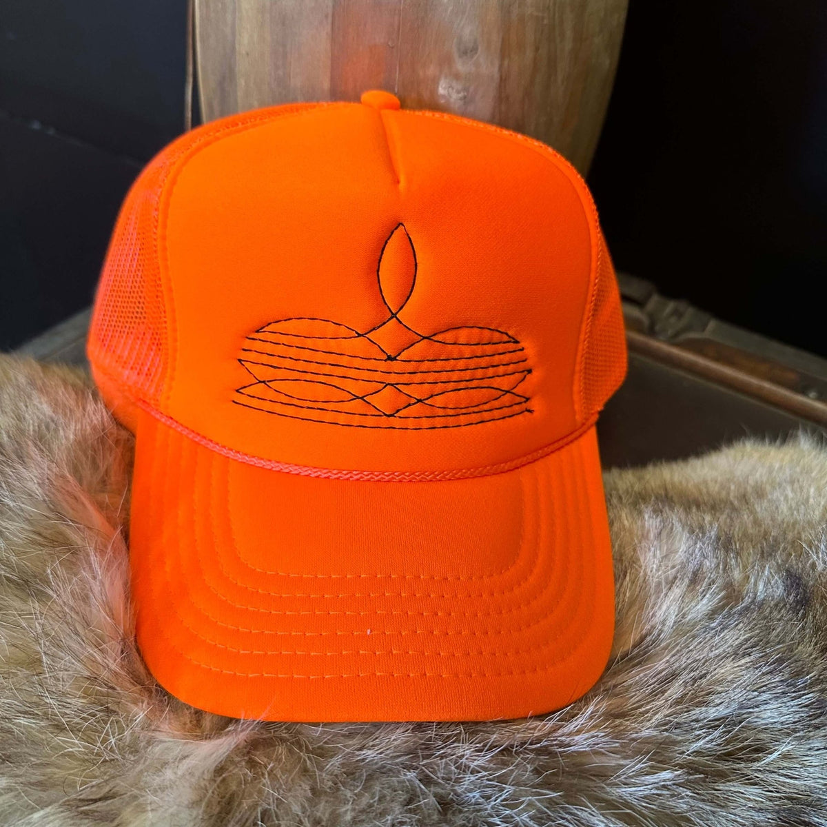 Black on Orange Boot Stitch Trucker Hat - Country Lace Boutique