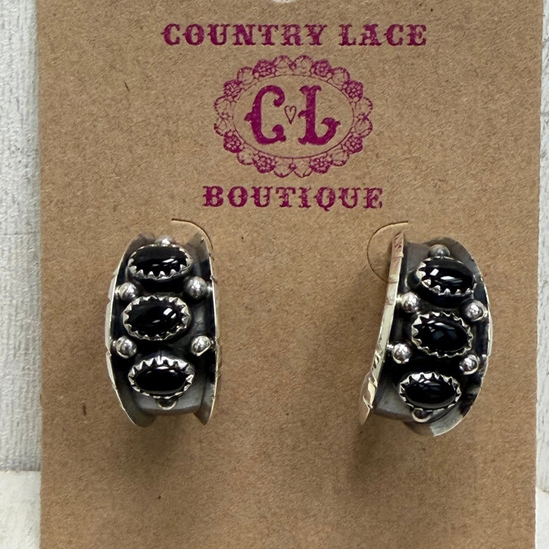 Black Onyx 3 Stone Hoop Post Sterling Silver Earring - Country Lace Boutique