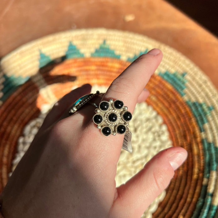 Black Onyx Cluster Adjustable Ring Sterling Silver Ring - Country Lace Boutique