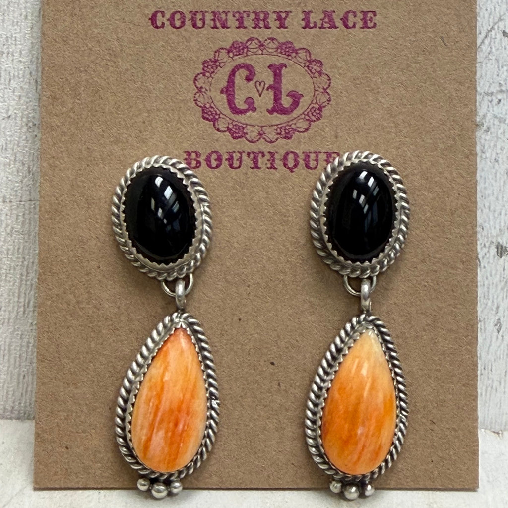 Black Onyx & Orange Spiny Post Dangle Sterling Silver Earring - Country Lace Boutique
