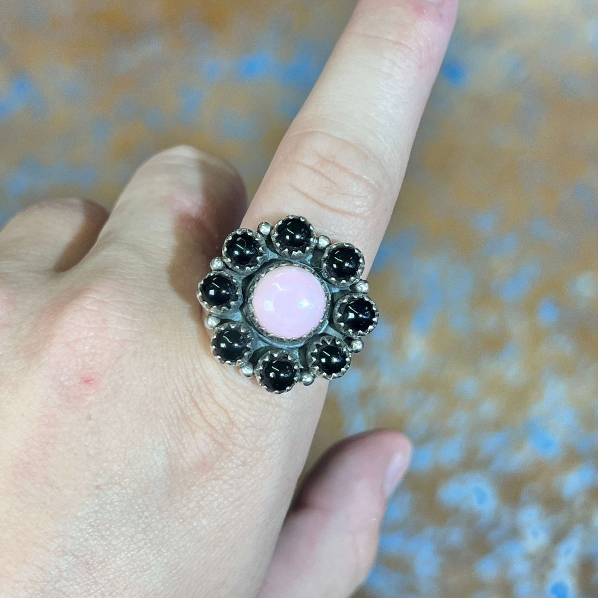 Black Onyx & Pink Conch Cluster Sterling Silver Ring size 7 - Country Lace Boutique