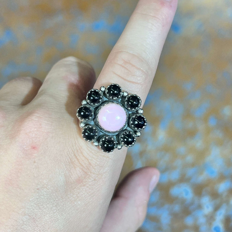 Black Onyx & Pink Conch Cluster Sterling Silver Ring size 7 - Country Lace Boutique