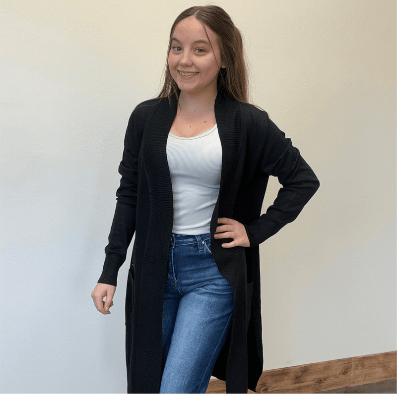 Black Open Front w/ Pockets Long Sleeve Cardigan - Country Lace Boutique
