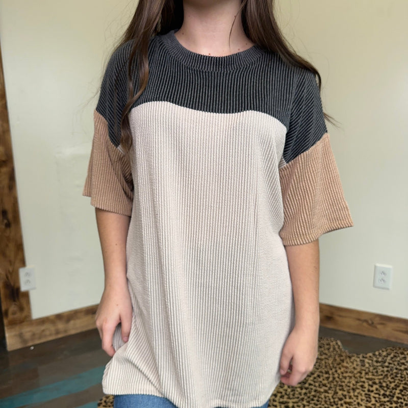 Black Oversized Ribbed Color block Short Sleeve Shirt - Country Lace Boutique
