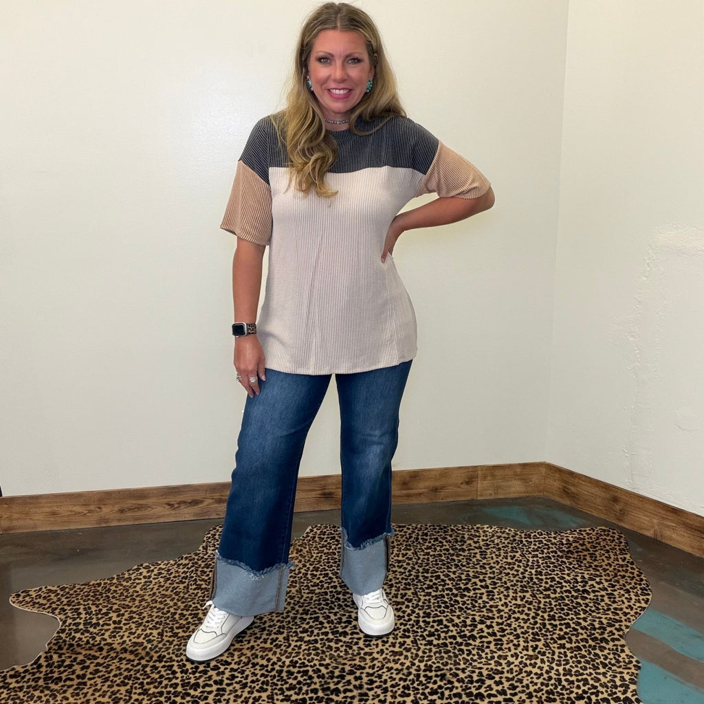 Black Oversized Ribbed Color block Short Sleeve Shirt - Country Lace Boutique