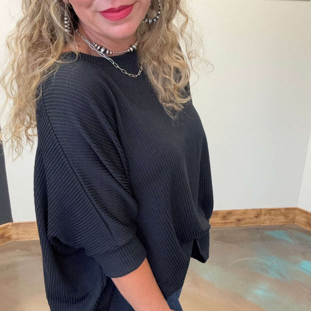 Black Ribbed Dolman Shortsleeve Top - Country Lace Boutique