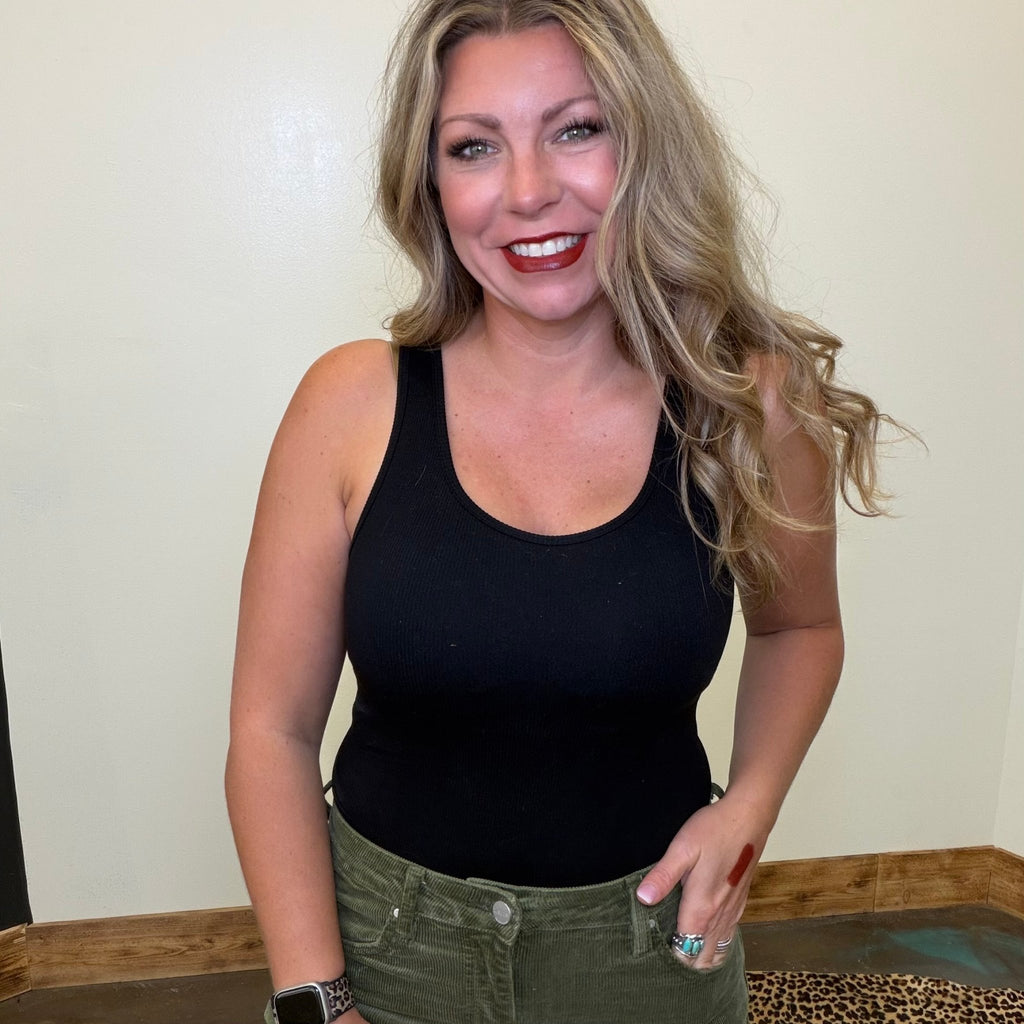Black Ribbed Tank Top with Built in Bra - Country Lace Boutique
