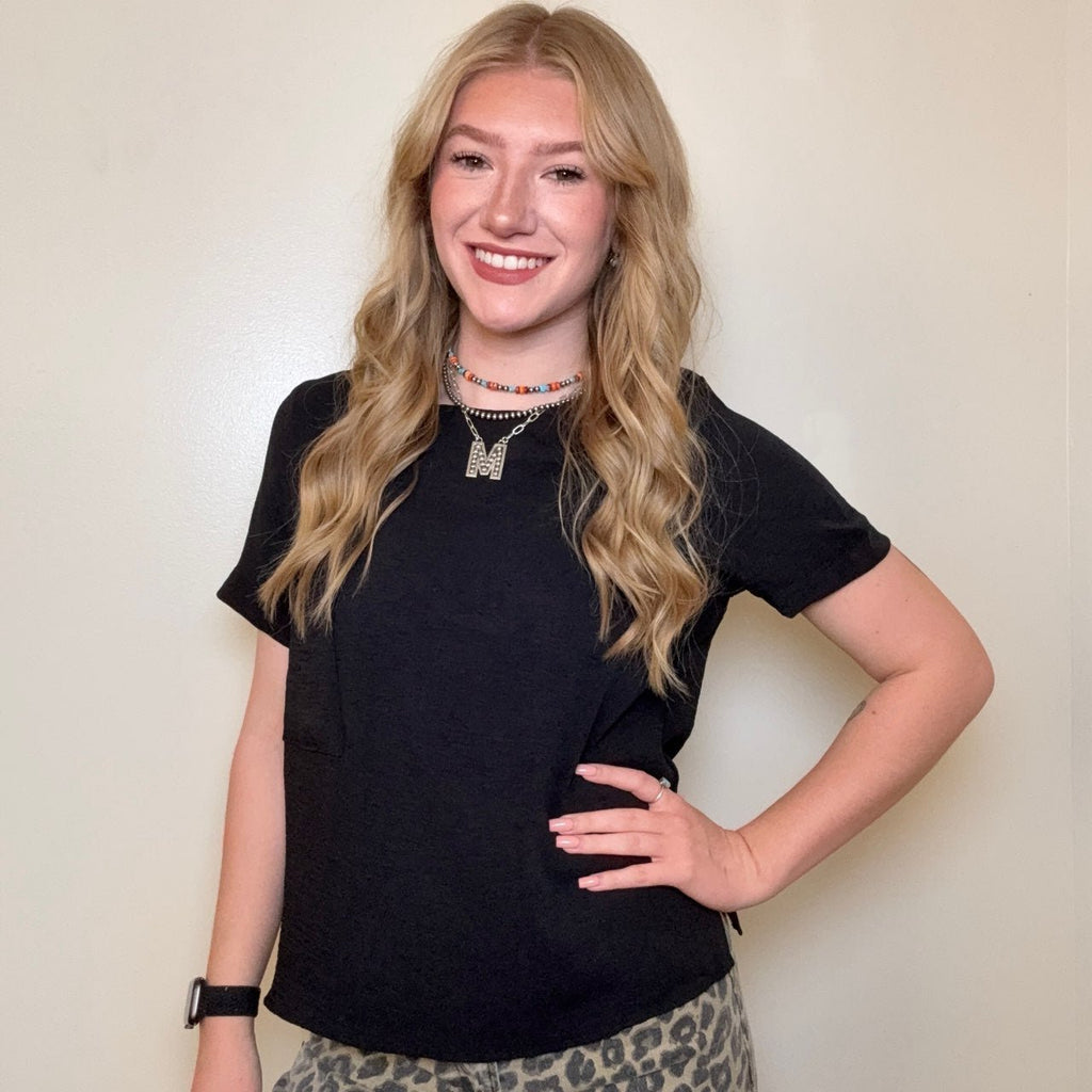 Black Round Neck Short Sleeve Blouse w/ Key Hole Button Back - Country Lace Boutique