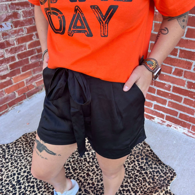 Black Silky with Tie Belt Shorts - Country Lace Boutique