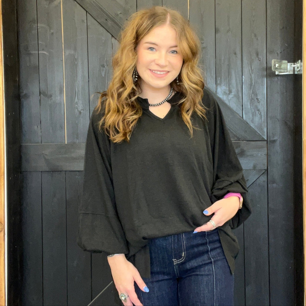 Black Soft Semi V Neck 3/4 Sleeve Shirt - Country Lace Boutique