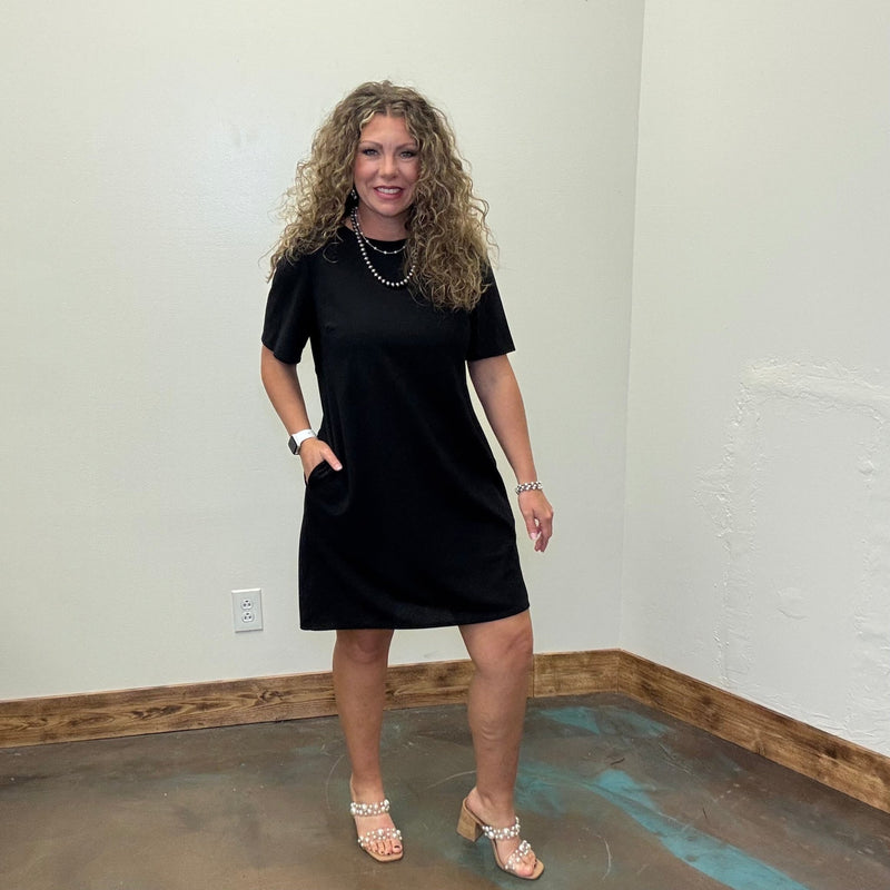 Black V Back with Bow Short Knee Length Dress w/ Pockets - Country Lace Boutique