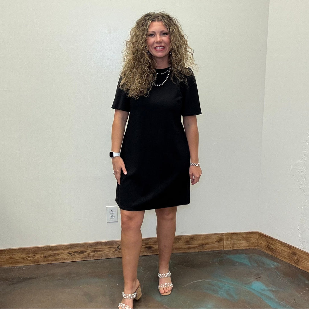 Black V Back with Bow Short Knee Length Dress w/ Pockets - Country Lace Boutique