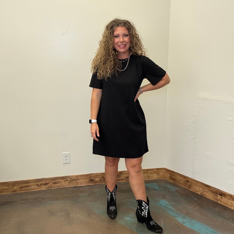 Black V Back with Bow Short Knee Length Dress w/ Pockets - Country Lace Boutique