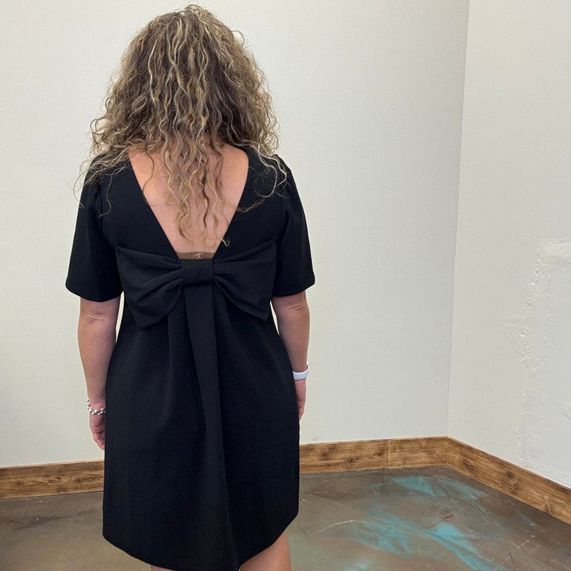 Black V Back with Bow Short Knee Length Dress w/ Pockets - Country Lace Boutique