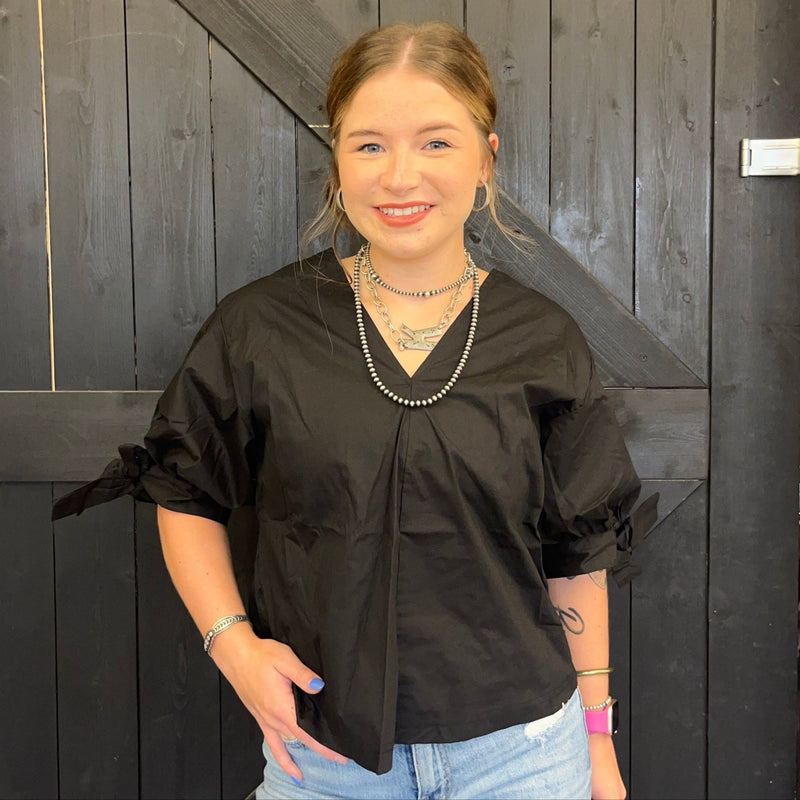 Black V Neck with Cute Bow Sleeve Top - Country Lace Boutique