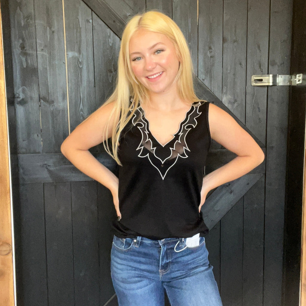Black Western V Neck Tank Top - Country Lace Boutique